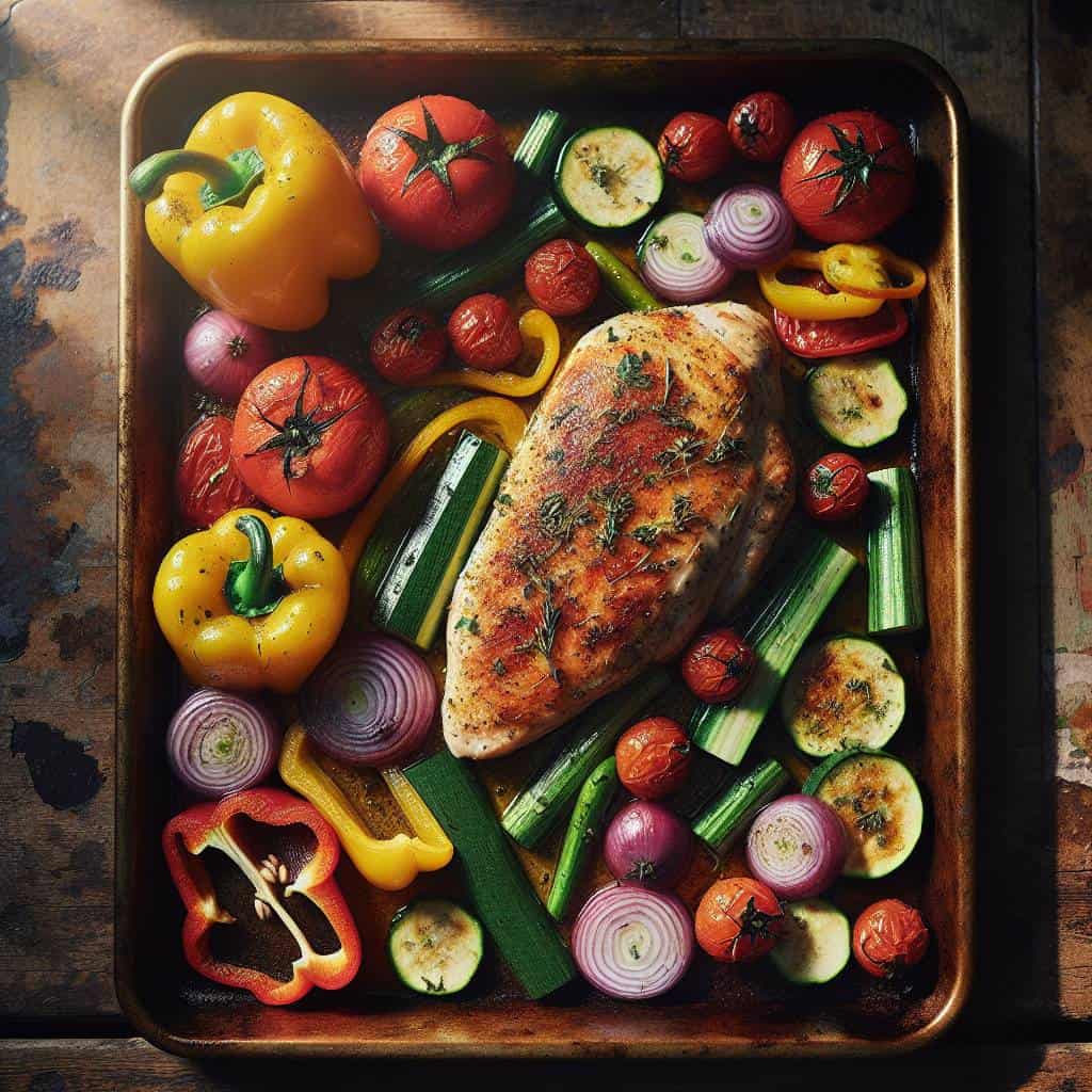 Baking sheet dinners with chicken and vegetables.