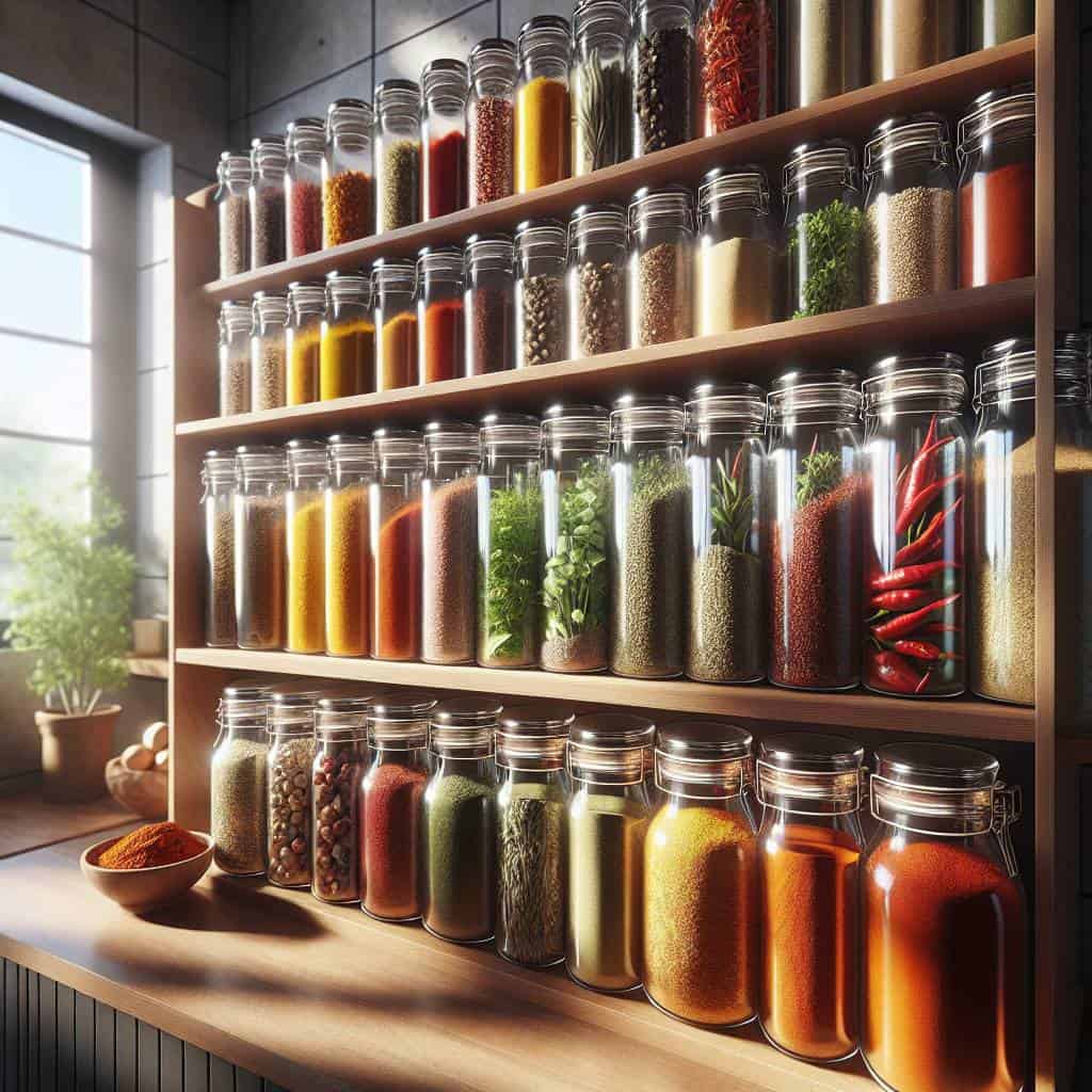 Essential kitchen spices on spice rack.