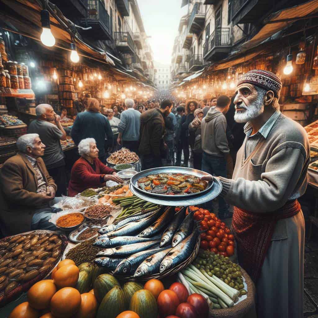 Food travel guide street market scene