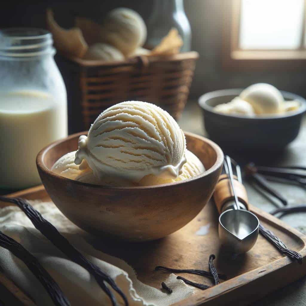 Creamy homemade ice cream in wooden bowl.