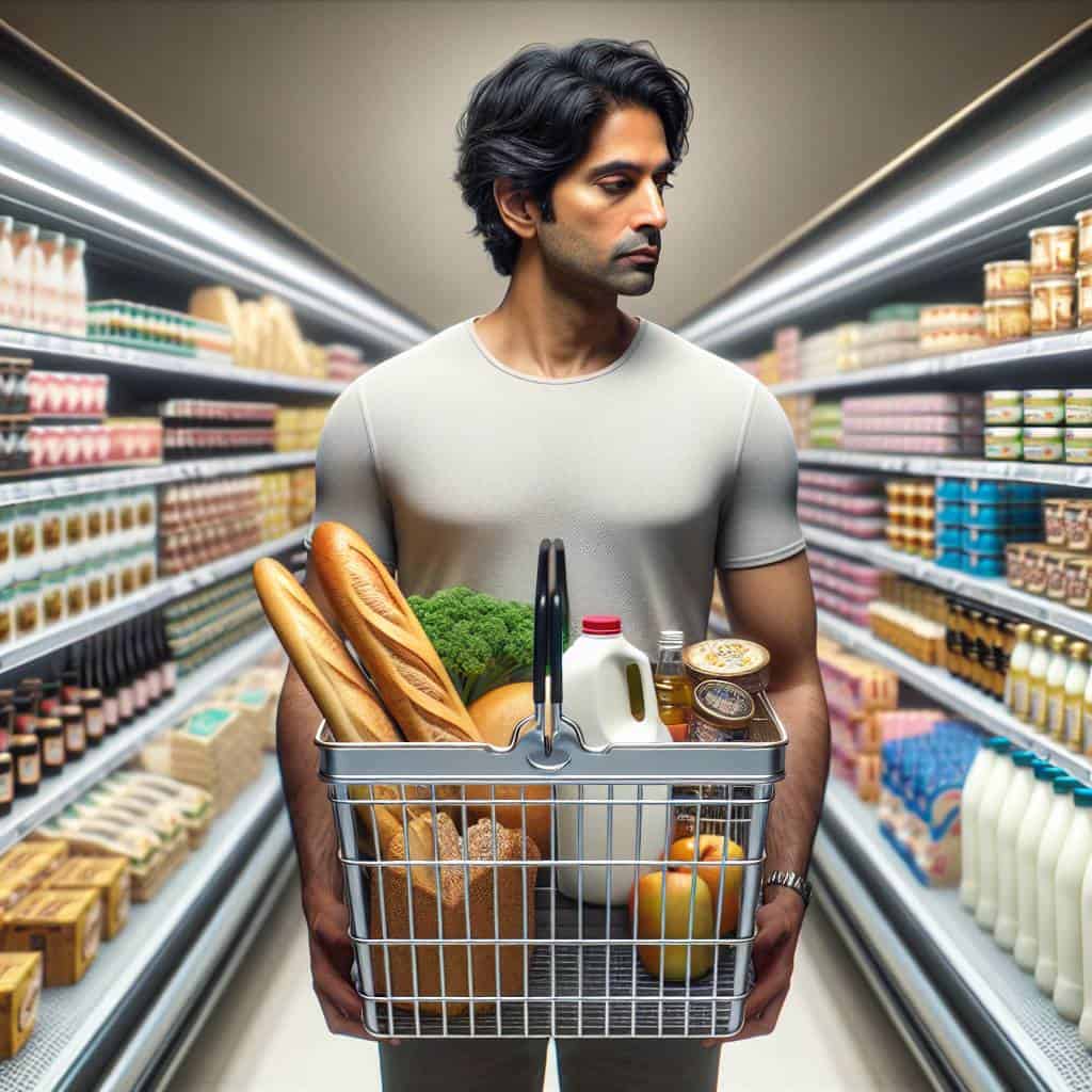 Contemplating needs vs wants in grocery aisle.