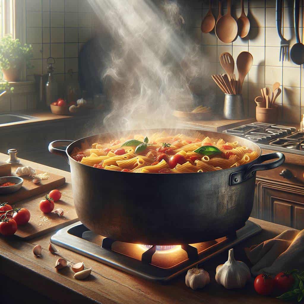 Colorful one-pot pasta recipes simmering stovetop.