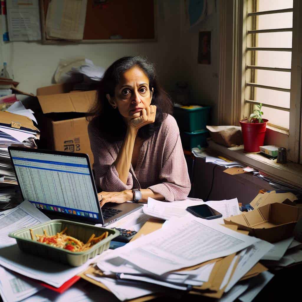 Planning for retirement in cluttered apartment.