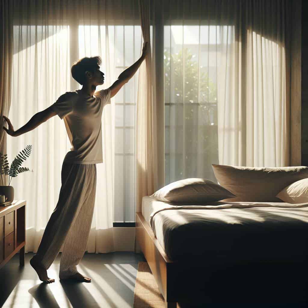 Simple stretching routines in serene bedroom.