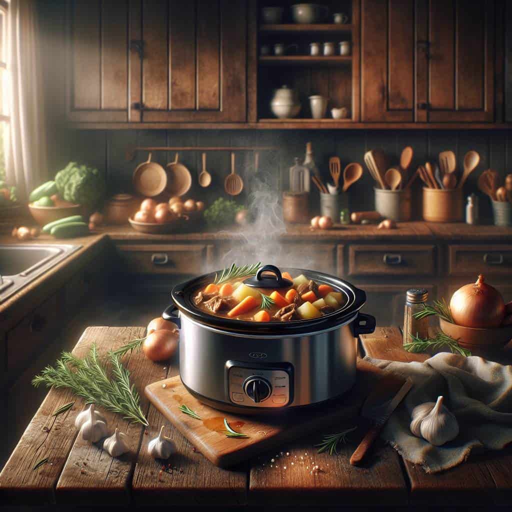 Slow cooker recipes beef stew simmering.