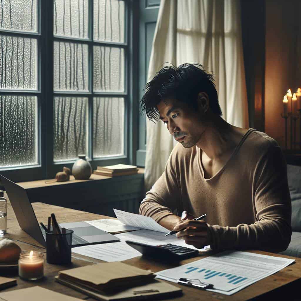 Person tracking monthly expenses at desk.