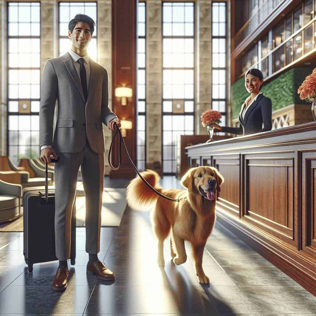 Traveling with pets in hotel lobby.