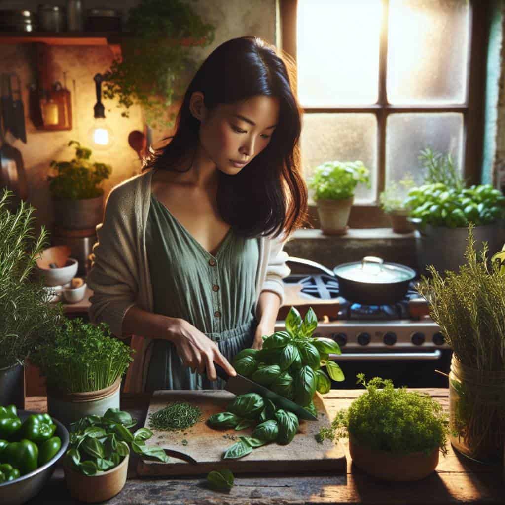 Chopping basil using fresh herbs in kitchen.